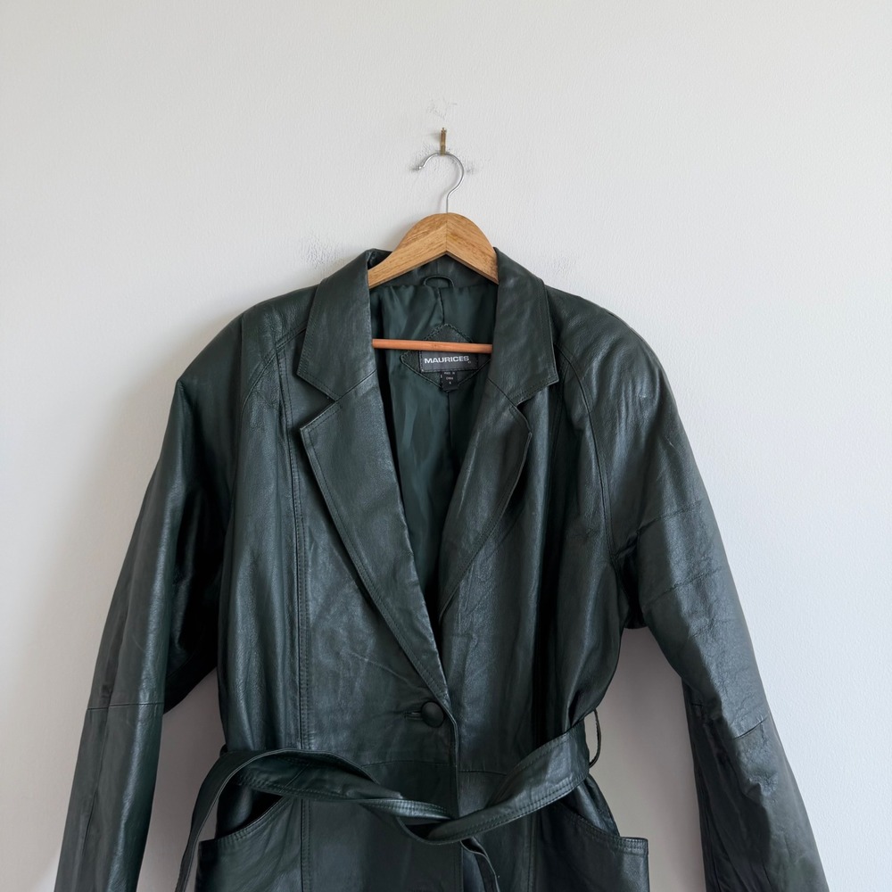 Vintage Maurices Forrest Green Genuine Leather Longline Trench Coat Size Small - Picture 5 of 14